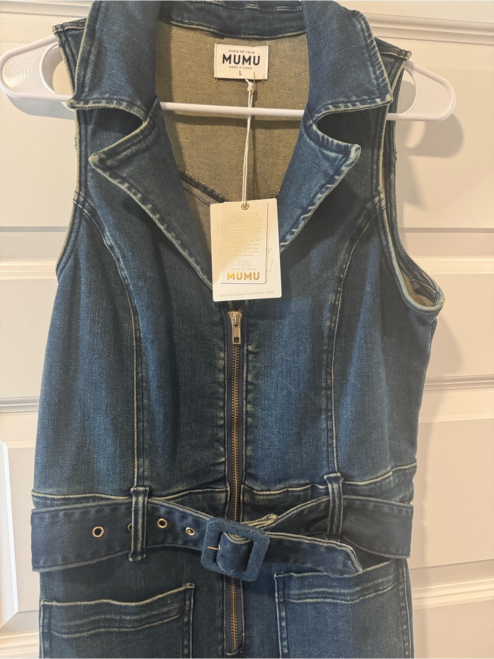 Show Me Your MuMu Dark Blue Denim Wide-Leg Jacksonville Jumpsuit with Belt. - Picture 5 of 8
